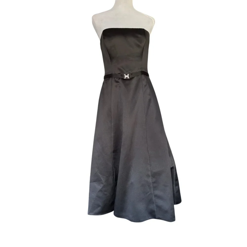 Michaelangelo black satin strapless belted tea length A-Line formal dress sz 8